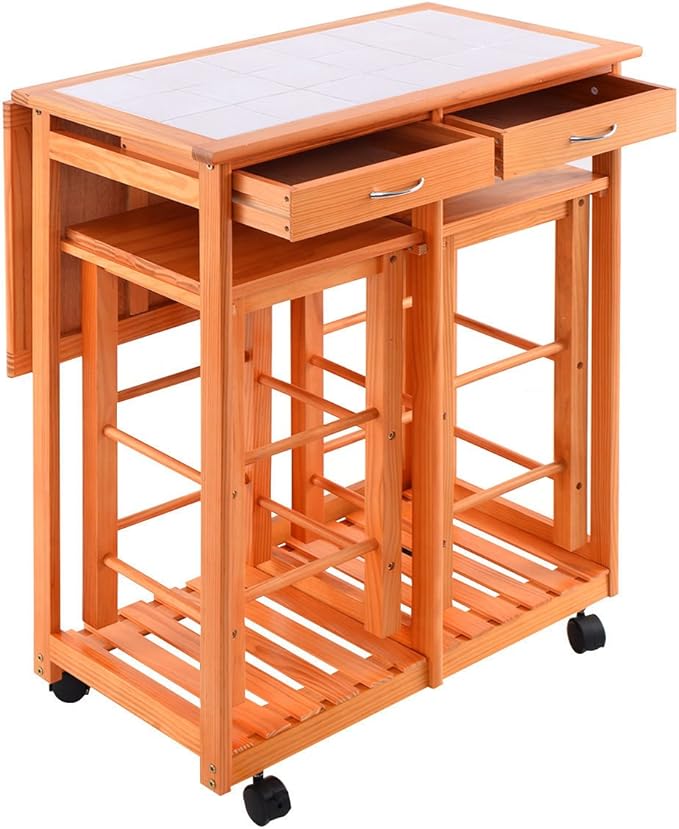 Kitchen Island Trolley Cart Rolling Drop Leaf Table with 2