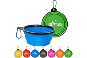 KIRRYKIKY Collapsible Dog Bowls, 2 Pack Portable Travel Dog Bowls, Foldable Water Bowl for Dogs Cats, Pet Feeding Watering Dish with Carabiner, Food Grade Silicone BPA Free(Blue+Green, Medium)