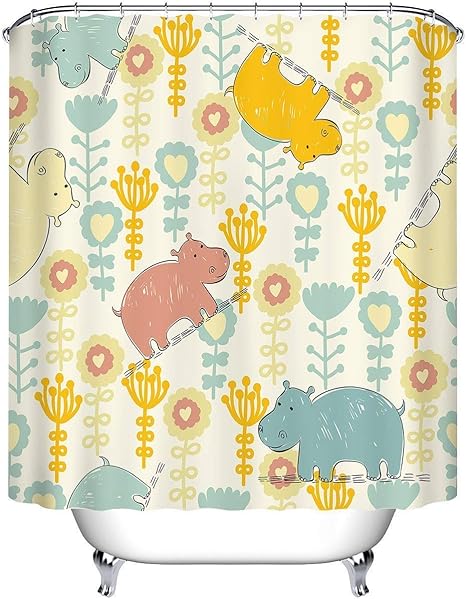 Amazon Amxxy デザインシャワーカーテンかわいい動物カバ子供浴槽防水布生地バスルームの装飾セットフック付き シャワーカーテン ホーム キッチン オンライン通販