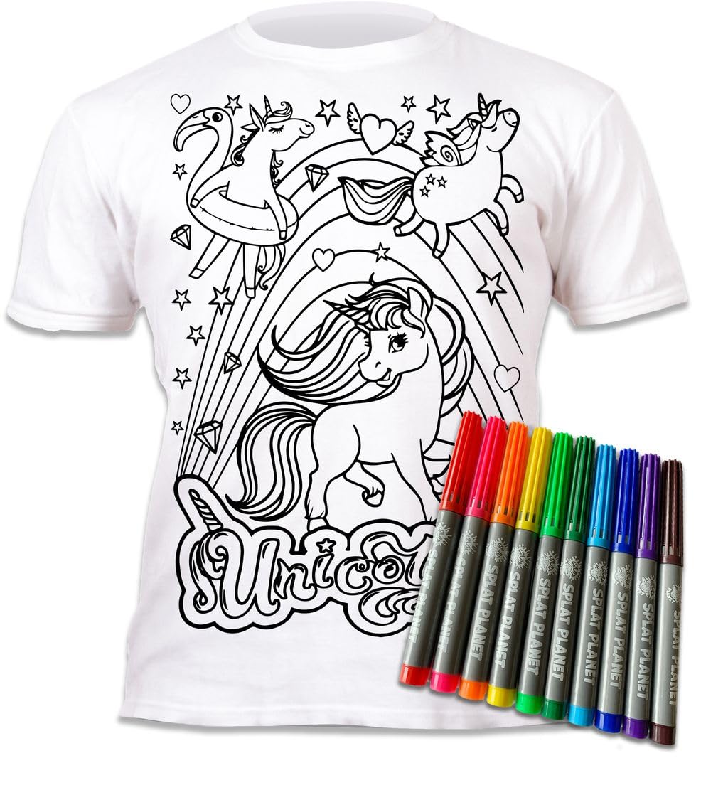 Splat Planet Colour-in Unicorn T-Shirt with 10 Non-Toxic Washable Magic Pens - Colour-in and Wash Out T-Shirt (Age 12-13) White