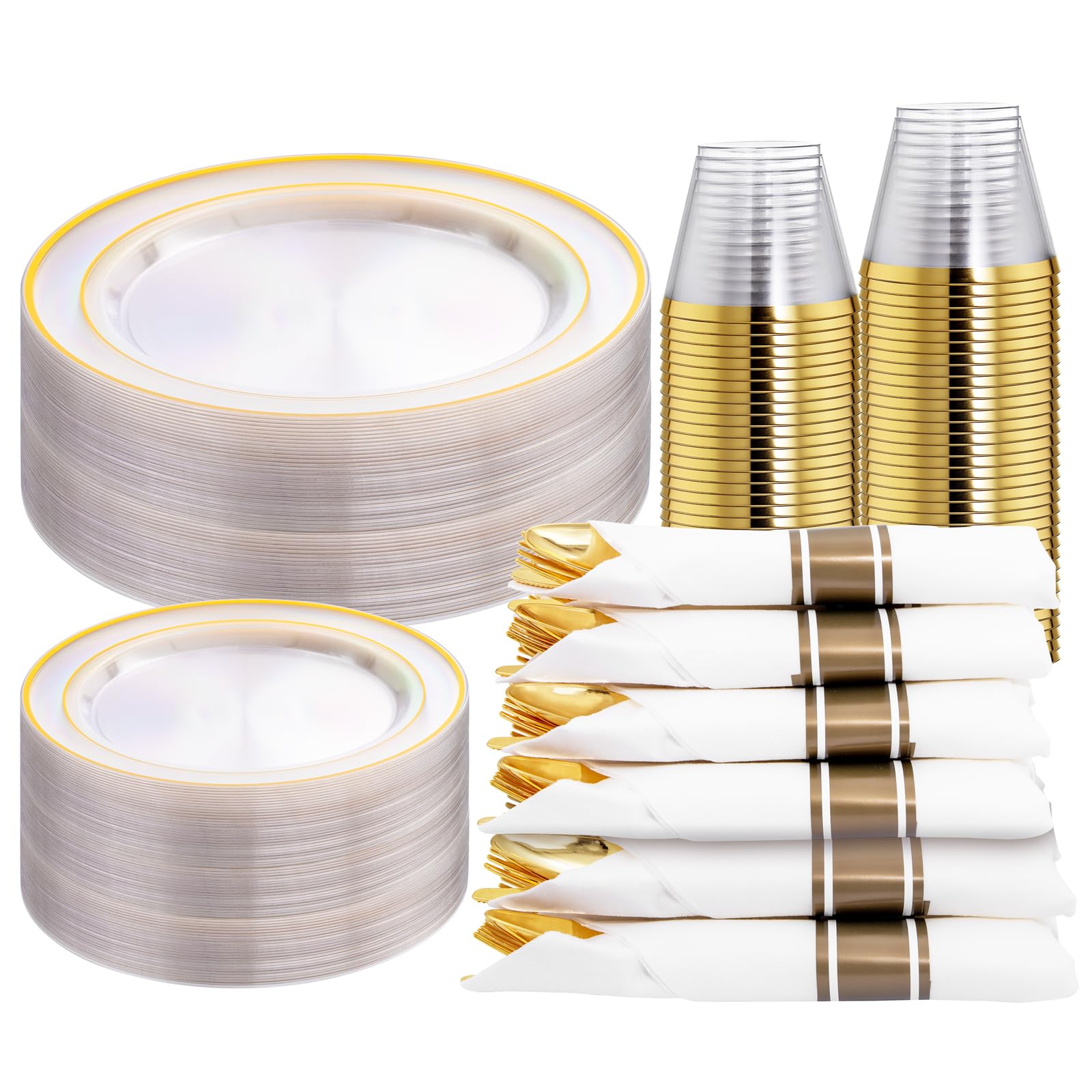Photo 1 of WELLIFE 210PCS Clear-Gold Plastic Plates - Dinnerware Sets for 30 Guests - 60 Disposable Plates, 90 Plastic Silverware, 30 Cups, 30 Napkins for Party