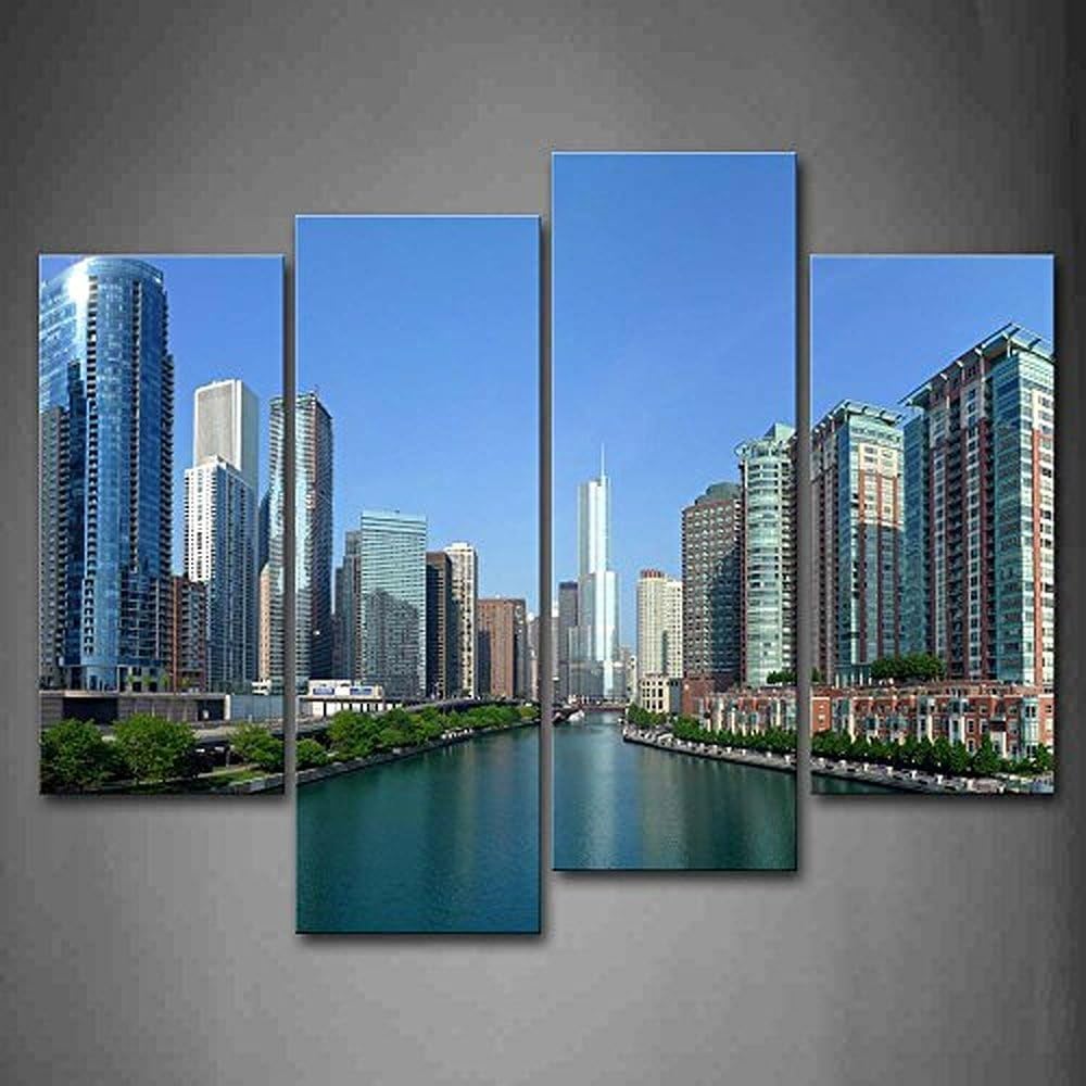 Korean Fashion Blue Chicago Next To River Wall Art Painting Print On Canvas City Pictures Wall Decor