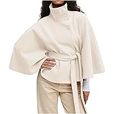 OPCAKM Women's Batwing Sleeve Poncho Coat Oversized Winter Pea Coat Stand Collar Cropped Cape Jacket with Belt
