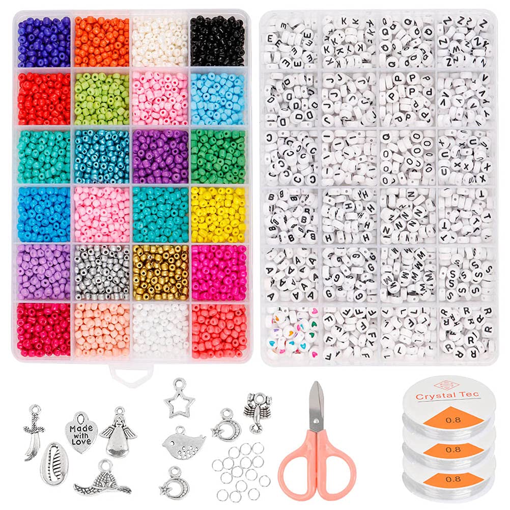 "N/A" Bracelet Necklaces Jewelry Making Beads Kit, DIY Glass Beads + Alphabet Beads Set with Beaded Thread, Scissors, Jump Ring, Pendant for Jewelry Making DIY Bracelets Necklaces Key Chains