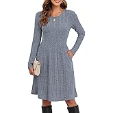 lionstill Women's Knit Textured Sweater Dresses Long Sleeve Loose Casual Pleated Fall Dress with Pockets,Blue, M