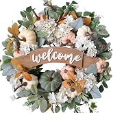 Egolot 24 Inch Fall Wrrath Pumpkin Hydrangea Flower Front Door Wreath | Fall Green Pumpkin White Hydrangea Flower Wreath for Indoor Outdoor, Fall Floral Pumpkin Wreath with Lamb Ears Leaves