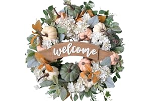 Egolot 24 Inch Pumpkin Hydrangea Flower Front Door Wreath, Autumn Artificial Flower Wreath for Indoor Outdoor, Fall Welcome Sign Wreath for Festival Decor