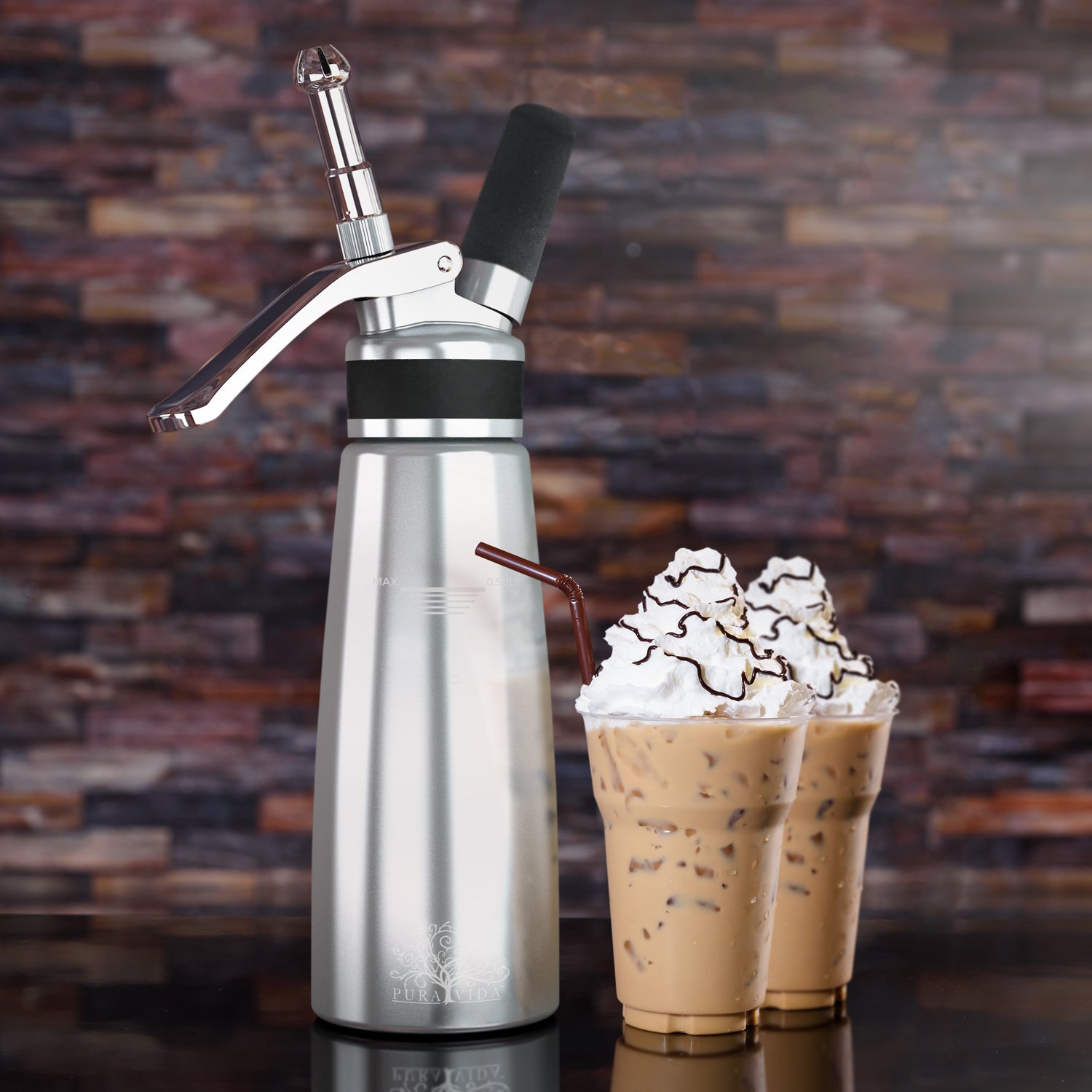 Whipped Cream Dispenser By Pura Vida – Durable, All Aluminum Body & Head – 3 Stainless Steel Decorating Tips & A Brush – Half Quartz Size – Dishwasher Safe – Gift Box Packaging – Easy Instructions