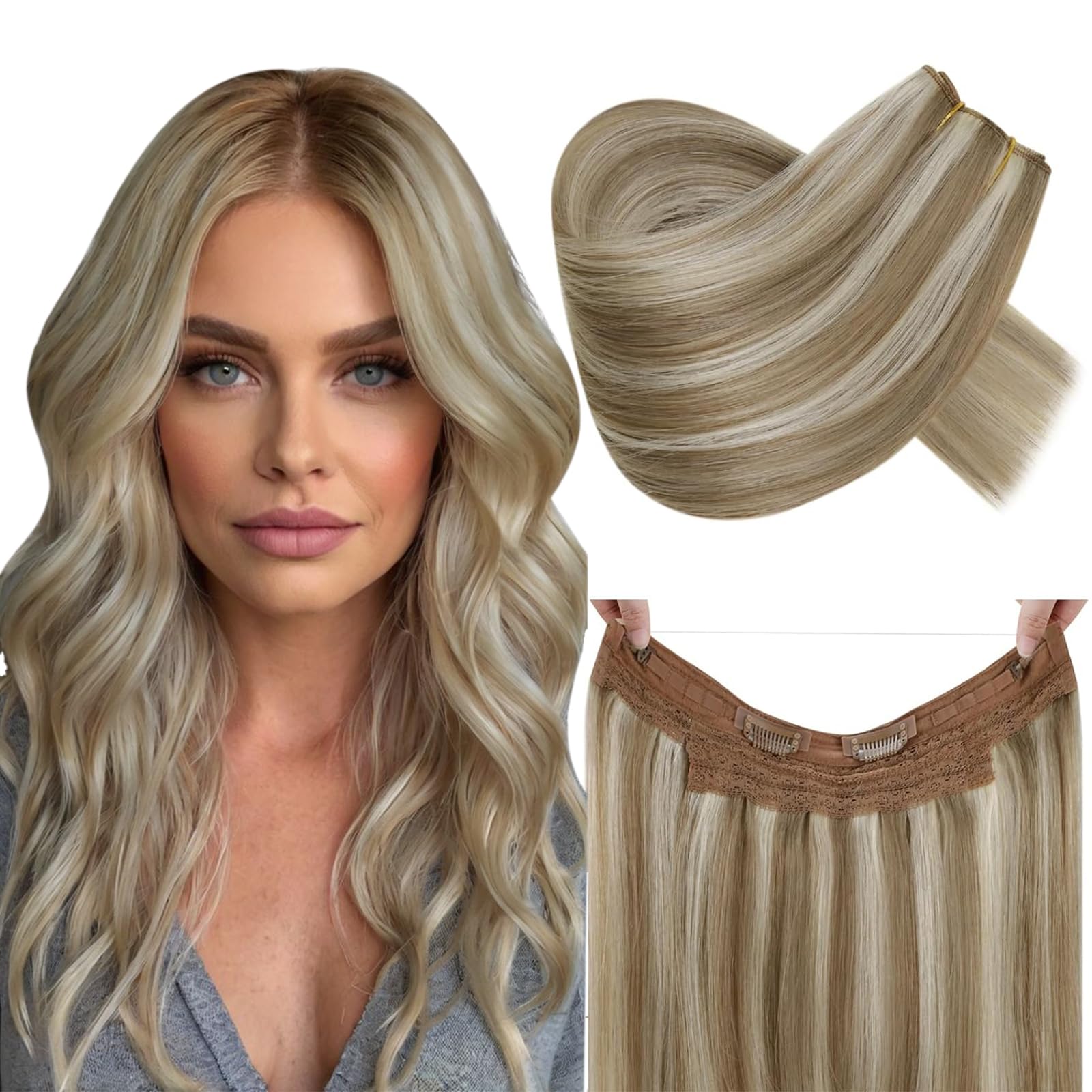 RUNATURE Invisible Wire Hair Exensions Real Human Hair 16 Inch Fish Line Hair Extensions Real Human Hair Ash Brown Highlight Blonde Wire Hair 100g #P8/24 — image 1