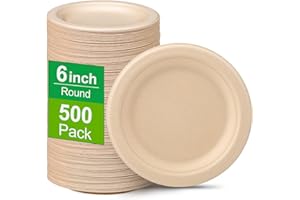 Greconv Paper Plates 6 inch, 500 Pack Paper Plates Bulk, Small Paper Plates 100% Compostable Plates Made from Sugarcane Fiber