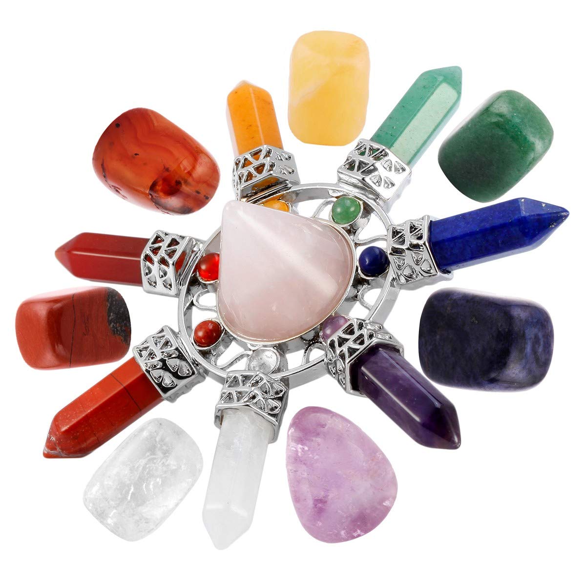 mookaitedecor Natural 7 Chakra Crystals Set Reiki Room Decor, Healing Crystal Chakra Gifts for Women Yoga Meditation Spiritual Gift Wiccan Witchcraft Gift Decor, Rose Quartz Pyramid & Tumbled Stones