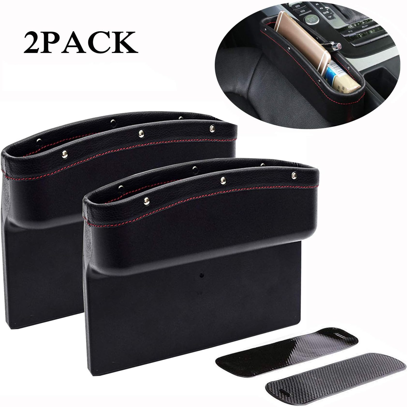 Malluo 2 Pack Car Seat Gap Filler,Car Seat Side Gap Organizer,PU Leather Car Catcher Between Seats Console Storage Organizer,Car Seat Gap Pocket Drop Caddy Catcher with Non-Slip Mat(All Black)