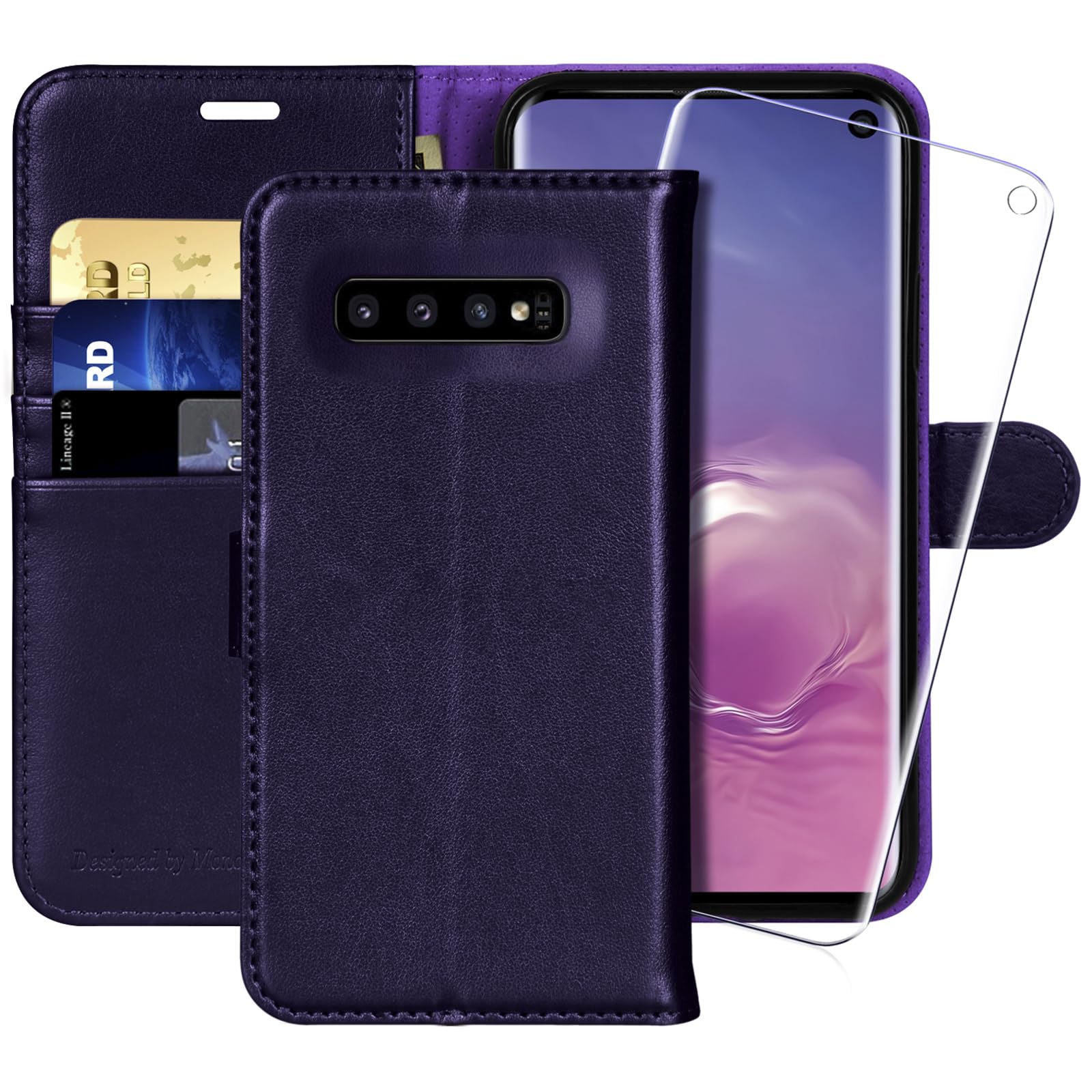 MONASAY Galaxy S10 Wallet Case, 6.1 inch [Included Screen Protector] Flip Folio Leather Cell Phone Cover with Credit Card Holder for Samsung Galaxy S10,Purple