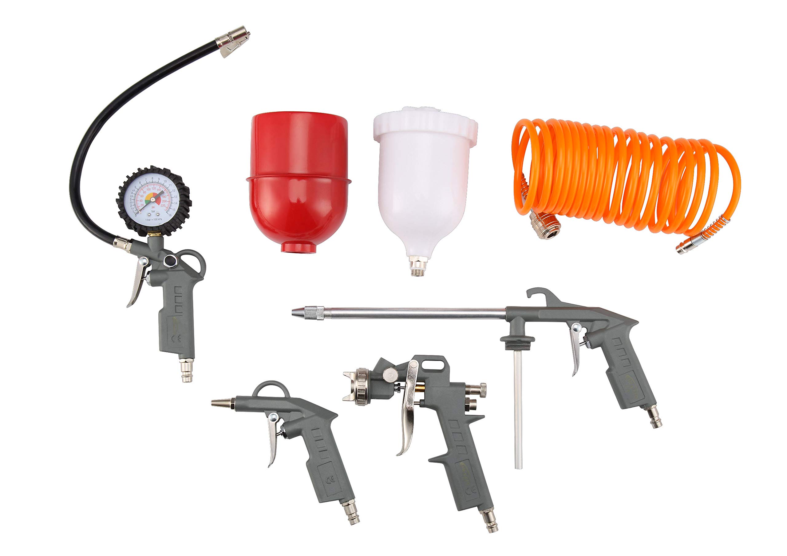 ORAZIO 5PCs Compressor Air Tool Kit with Quick Coupling, Air Paint Spray Gun + Tyre Inflator with Pressure Gauge + Long Nozzle Paraffin Sprayer + Blow-out Gun + 5M Spiral Air Hose