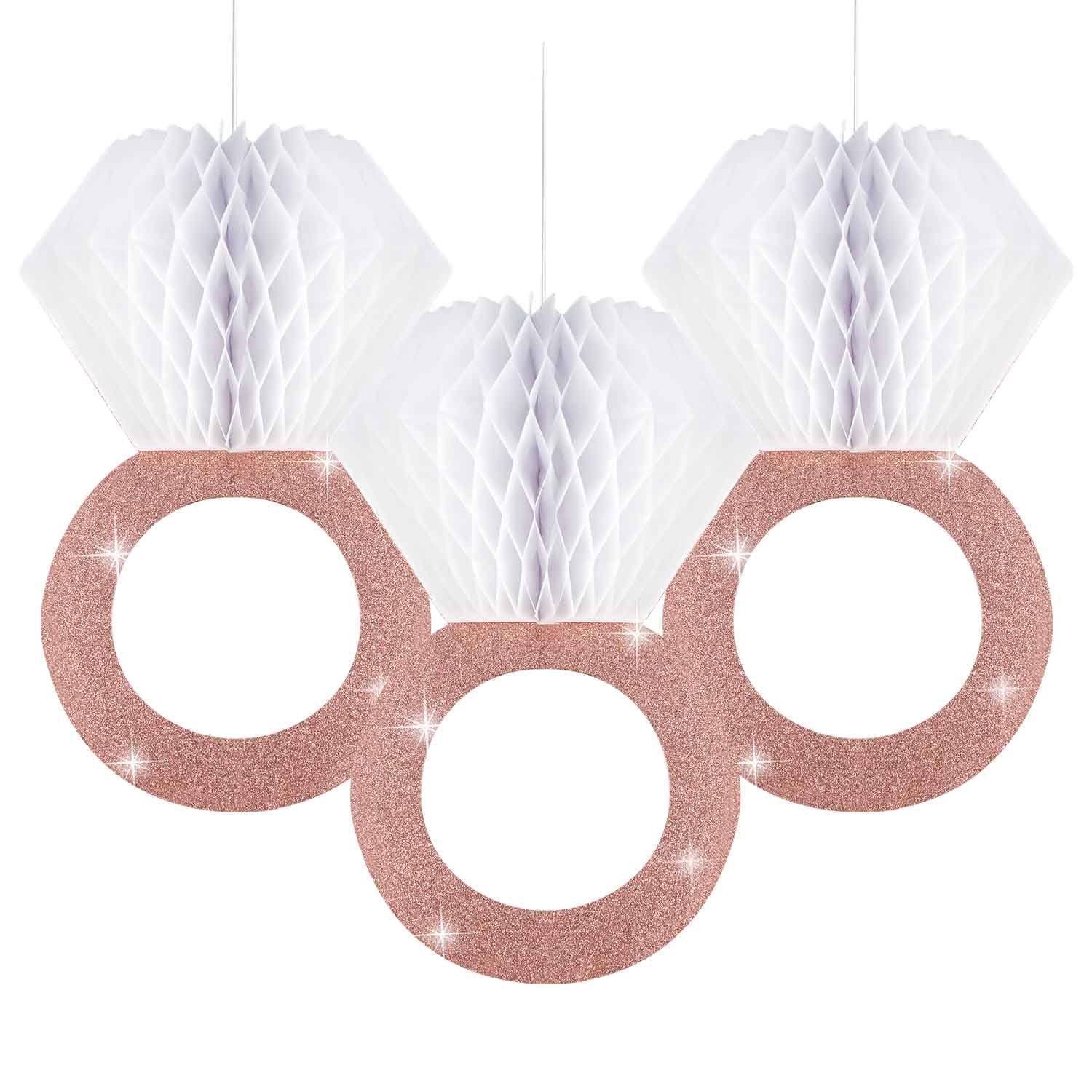 Photo 1 of 3 Pieces Honeycomb Diamond Ring Hanging Decorations for Wedding Party Bridal Shower Engagement Rings Honeycomb Glitter Gold Honeycomb Hanging Supplies Honeycomb Paper Balls Engaged Decor (Rose Gold)