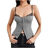 MakeMeChic Women's Lace Spaghetti Strap Camisole Top Sleeveless Split Summer Tank Tops