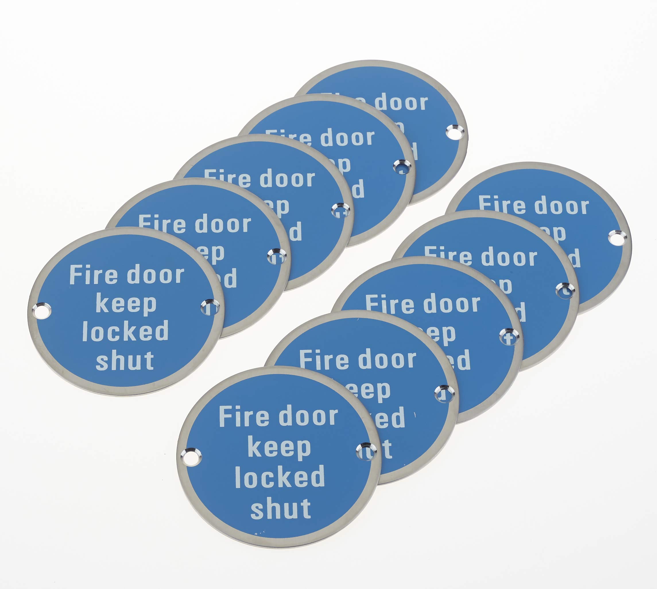 Fire Door Keep Locked Shut-Safety Sign Metal Stainless Round 76x1.5mm Disc With 2 Screws Pack of 10 (10)