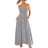CUPSHE Womens Summer Maxi Dress Casual Sleeveless Square Neck Striped Beach Long Dress with Pockets