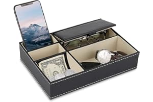 Baoyun Mens Valet Tray Organizer, Leather Valet Box EDC Catch All Tray Dresser Top Nightstand Organizer with 5 Compartments f
