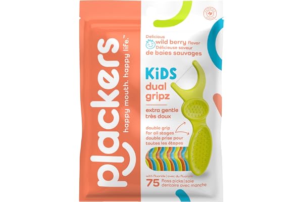Plackers Kids Dual Gripz Floss Picks with Double Grip handle, Wild Berry Flavor, Colorful Floss Picks for Kids of All Ages, 7