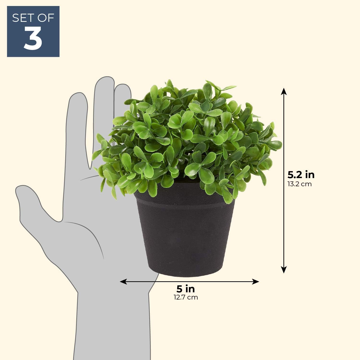 Juvale 3-Pack Mini Fake Plants Decoration, Potted Artificial Plants for Indoor Outdoor Home Décor, with Black Plastic Pots, 5 x 5.2 x 5 Inches -