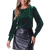 Allegra K Velvet Tops for Women Crew Neck Puff Long Sleeve Casual Pullover Fall Winter Blouses Top