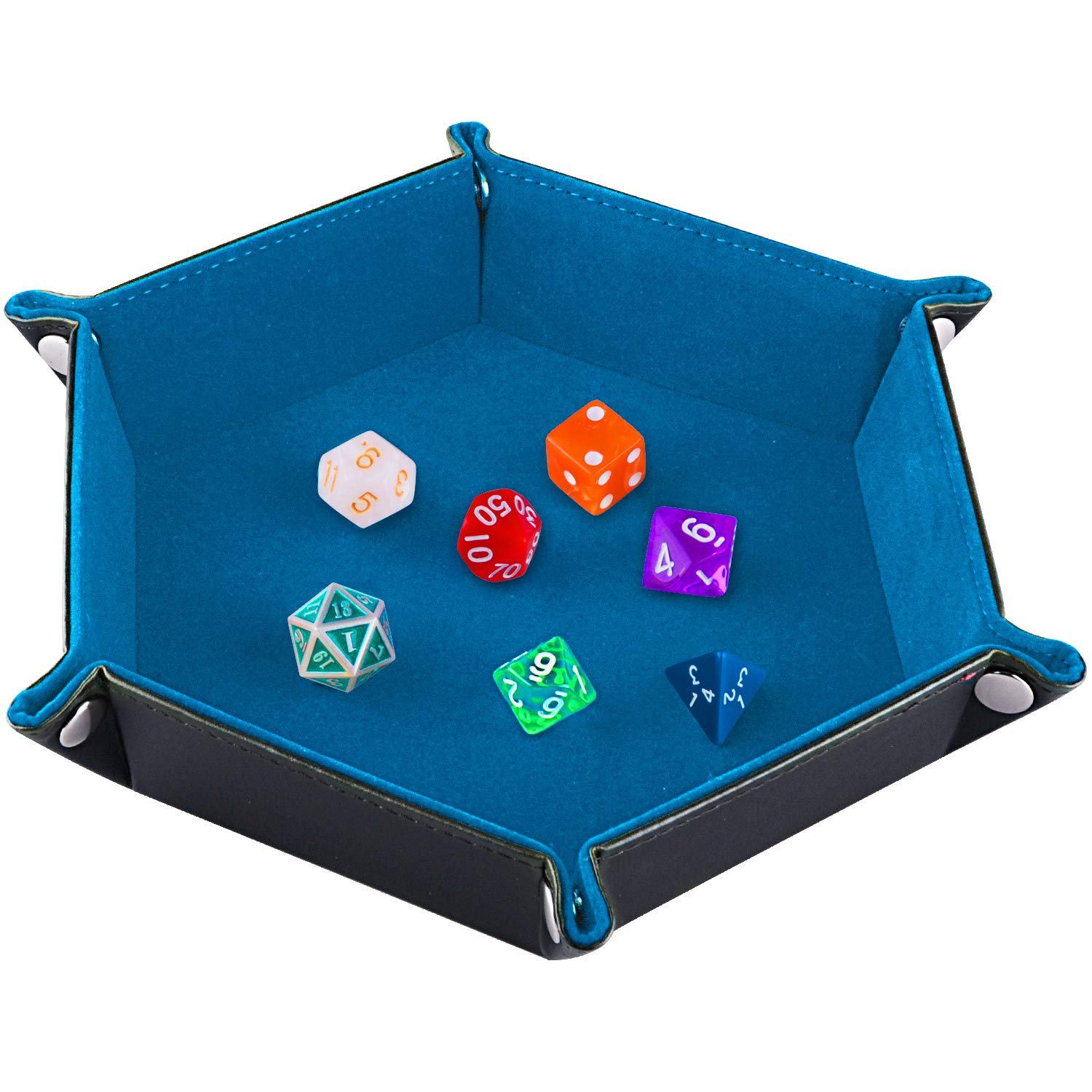 SIQUK Double Sided Dice Tray, Folding Hexagon PU Leather and Blue Sky Velvet Dice Holder for Dungeons and Dragons RPG Dice Gaming D&D and Other Table Games