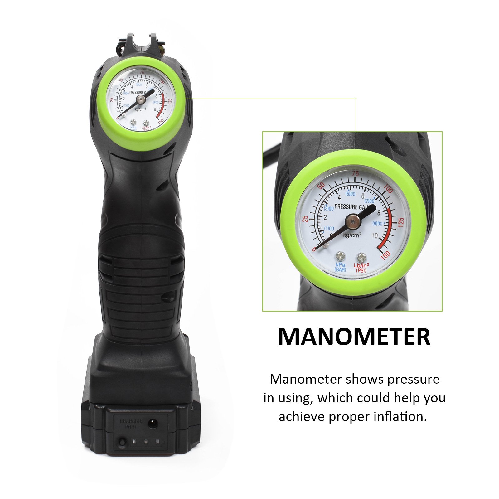 HAWKFORCE Portable 18V Cordless Tire Inflator, Rechargeable Air Compressor, with Ball Needle and Toy Nozzle