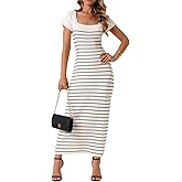Seta T Women's Bodycon Dresses Short Sleeve Ribbed Knit Striped Square Neck Slim Fit Casual Sweater Long Dress