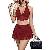 Avidlove Women‘s Mini Skirt Set Sexy Y2K Mesh Halter V Neck Crop Tops Mirco Ruffle Skirts 2 Piece Rave Festival Outfits S-XXL