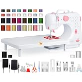 Portable Sewing Machine for Beginners, Compact Electric Sewing Machine with 12 Built-In Stitches, Reverse Sewing, LED Light, Extension Table and 32-Color Thread Kit for Home Crafts, Adults and Kids