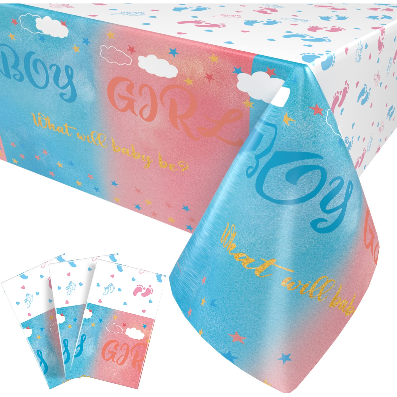 Paready 3 Pack Boy or Girl Disposable Tablecloth, Rectangular Plastic Table Cover for Baby Shower, 54" x 108