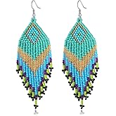 CALORVIA Bohemian Large Long Tassel Beaded Earrings Handmade Boho Native Statement Big Fringe for Women