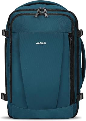 30L Mochila 45x36x20 Easyjet, Mochila Viaje Cabina Avion con 13 Bolisillos, Debajo del Asiento Mochila Equipaje de Mano, PET Reciclada Bolsa de Viaje Hombre Mujer, Patentado(Azul Verde)