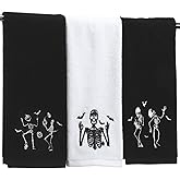 Oudain 3 Pcs Halloween Hand Towels Cotton for Bathroom Set Embroidery 14'' x 29'' Ghost Skull Skeletons Kitchen Decor Spider Pumpkin Dish Tea Fingertip Towel for Table(Skull,Black)