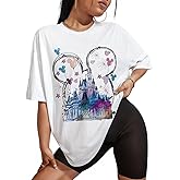 Flafens Oversized Tshirts for Women - T Shirt Graphic Tees Loose Crewneck Pattern Sleeve Cute Print Fashion Summer Tops