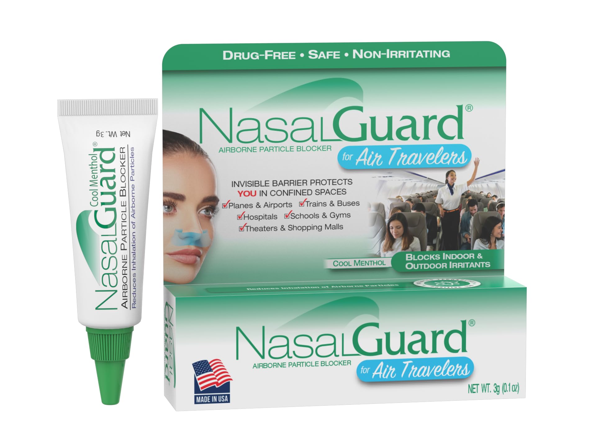 NasalGuard Airborne Particle Blocker Nasal Gel for Air Travelers - Drug-Free, Non-irritating, Non-drowsy, Airplane Travel Approved (Cool Menthol) - Over 150 Applications Per Tube (0.1 oz, Pack of 1)