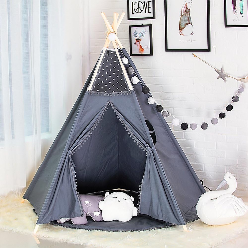 Amazon Wonderスペースkids Teepeeポンポンテント 5 Large手作りグレーレースポンポン付きコットンキャンバス再生 テント子供用playhouse By 5辺壁ドアとウィンドウ キッズテント おもちゃ