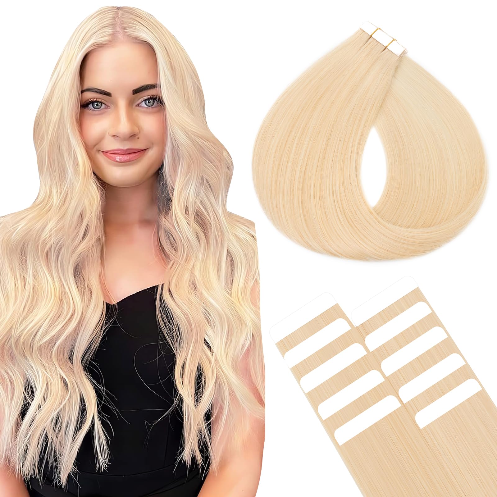 SEGOHAIR 10Pcs Human Hair Tape in Extensions, 22" Thin Tape Hair Extensions, Human Hair Extensions with 5 pcs Replacement Tape Bleach White(15g) — image 1