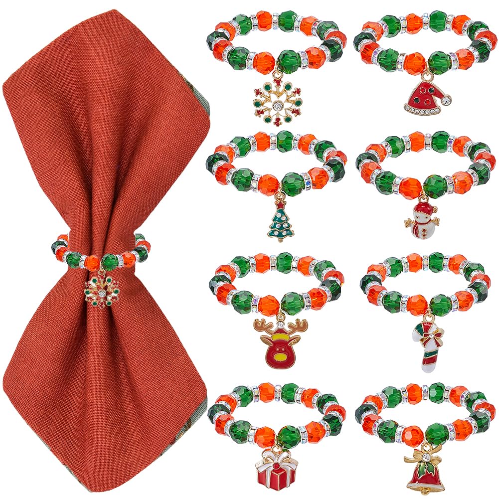 SUNNYCLUE 8 Sets Christmas Napkin Rings Napkin Holder Rings Xmas Napkin Ring Set Red Green Glass Beads Snowman Bell Charms Beaded Napkin Ring for Table Wedding Christmas Holiday Party Dinner Decor