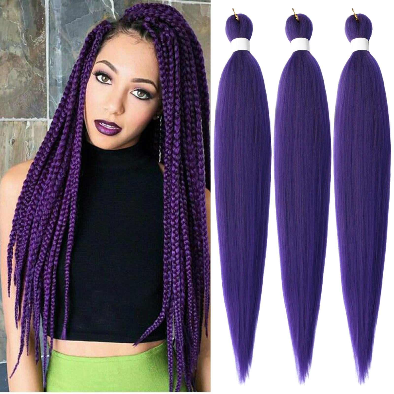 Photo 1 of Lavender Purple Pre stretched Braiding Hair, 26 Inches Box Braids Hair Extensions, 3 Packs Yaki Texture Braiding Hair Pre stretched