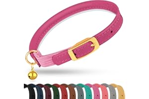 OOPSDOGGY Rolled Leather Cat Collar with Bell - Reflective Kitten Collar with Safety Elastic Strap - Adjustable Small Pet Collars for Boy Girl Cats (Fuchsia)