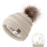Satin Lined Beanie Winter Hats Silk Lining for Women Silk Lined Hat Slouchy Beanie with Pom