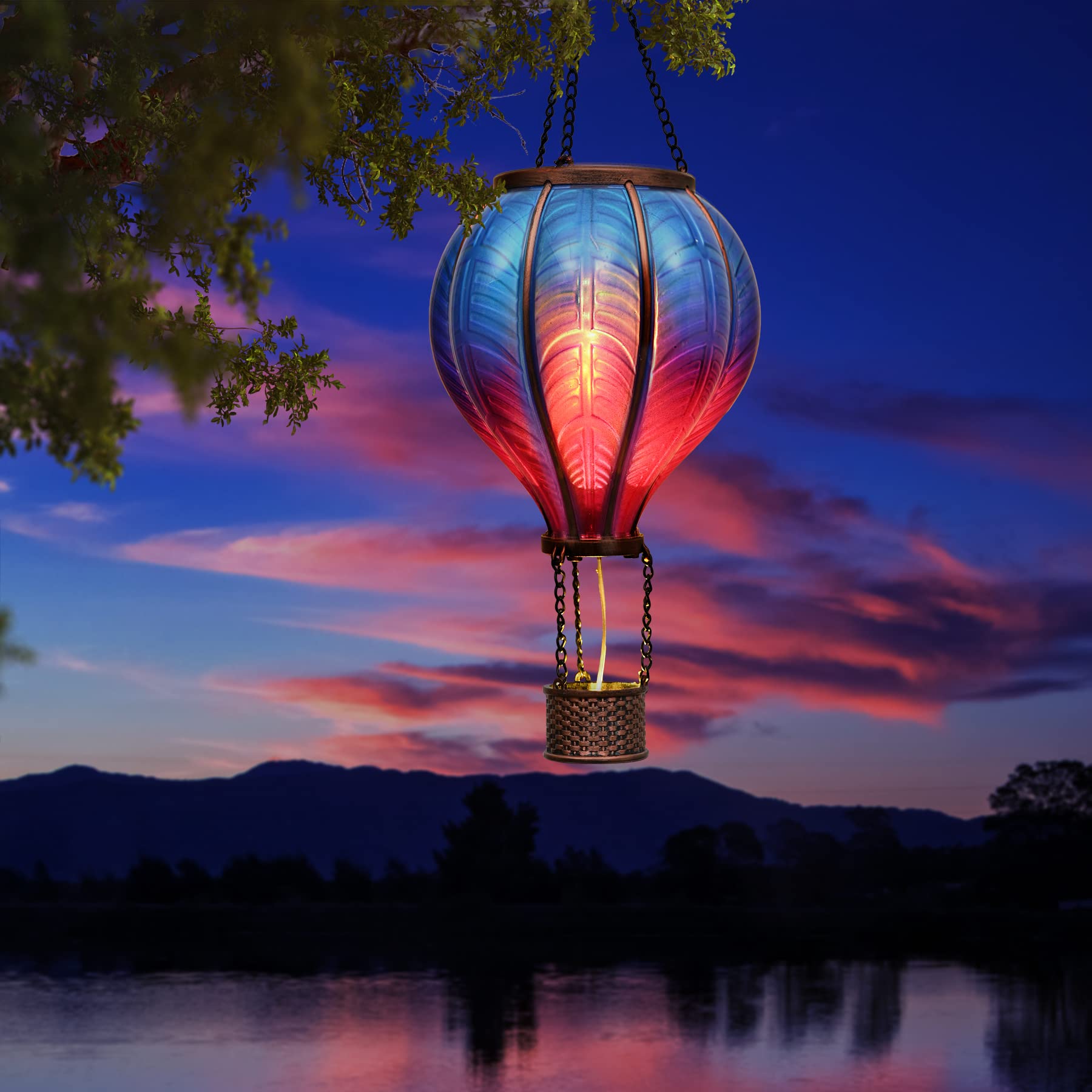 TERESA'S COLLECTIONS Garden Ornaments Outdoor, 45CM Realistic Flame Hot Air Balloon Solar Garden Light, Hanging Gradient Glass Effect Solar LED Balloon Lantern, for Balcony & Tree, Gifts for Women