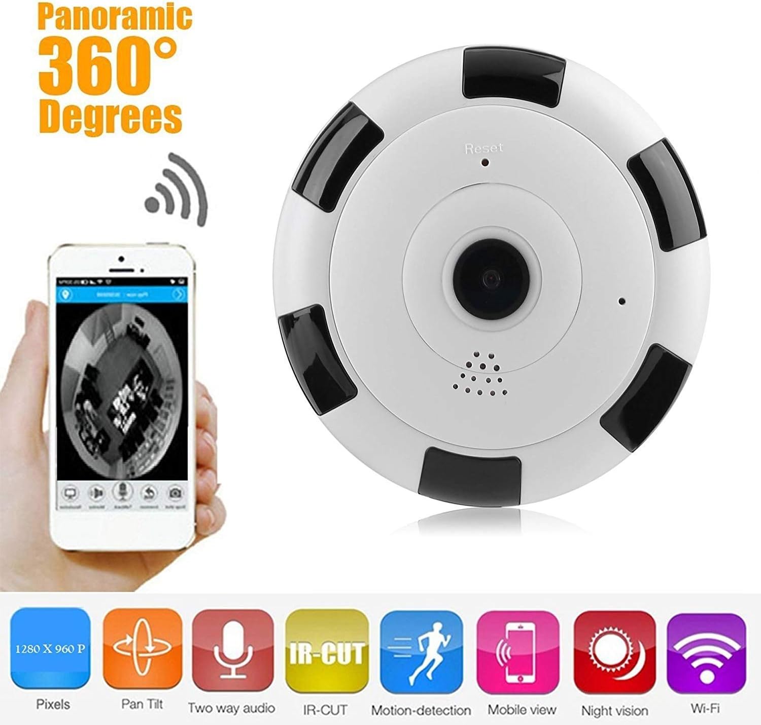 Smartcam V380 Fisheye 1.3 Megapixel 960P HD 360 Degree Panoramic Motion Detection WiFi IP CCTV Security Camera with 64GB SD Card Slot and 2-Way Audi/o