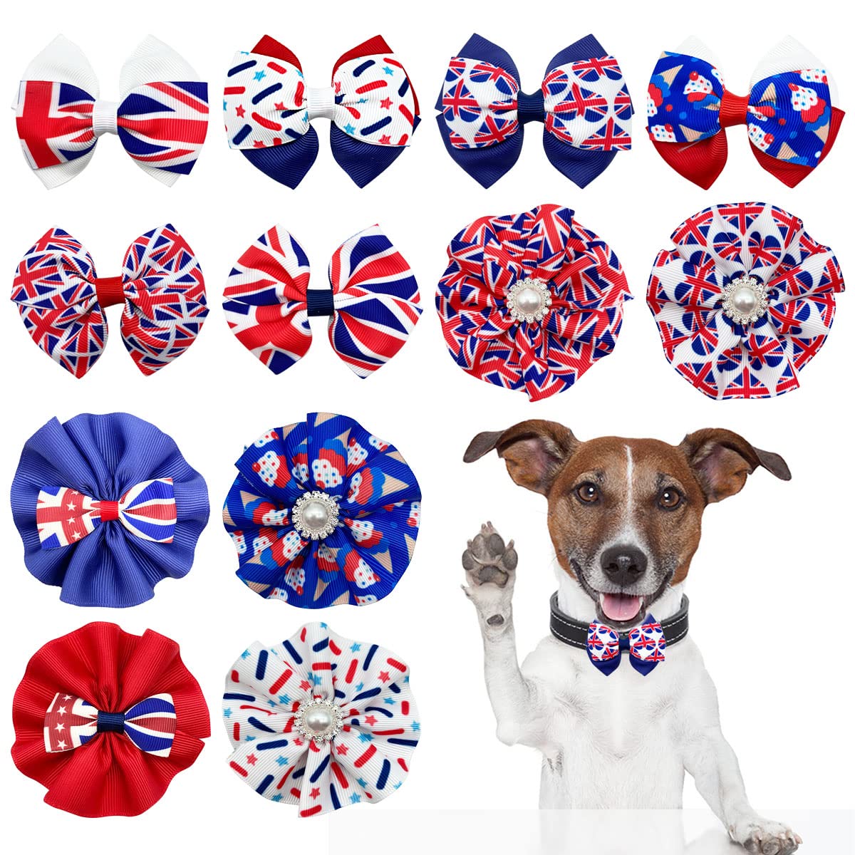 JpGdn 12Pcs Pack Dog Collar Charms Bow Ties and Flowers for Small Medium Dogs Cat Adjustable Bowties Sliding Bows Union Jack British Dog Bow Tie Pet Grooming Accessories UK Flag Pattern