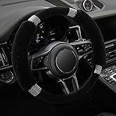 Achiou Rhinestone Fluffy Steering Wheel Cover - Comfortable Non-Slip Luxury Faux Wool, Universal Fit for 14.5" to 15" Steering Wheels