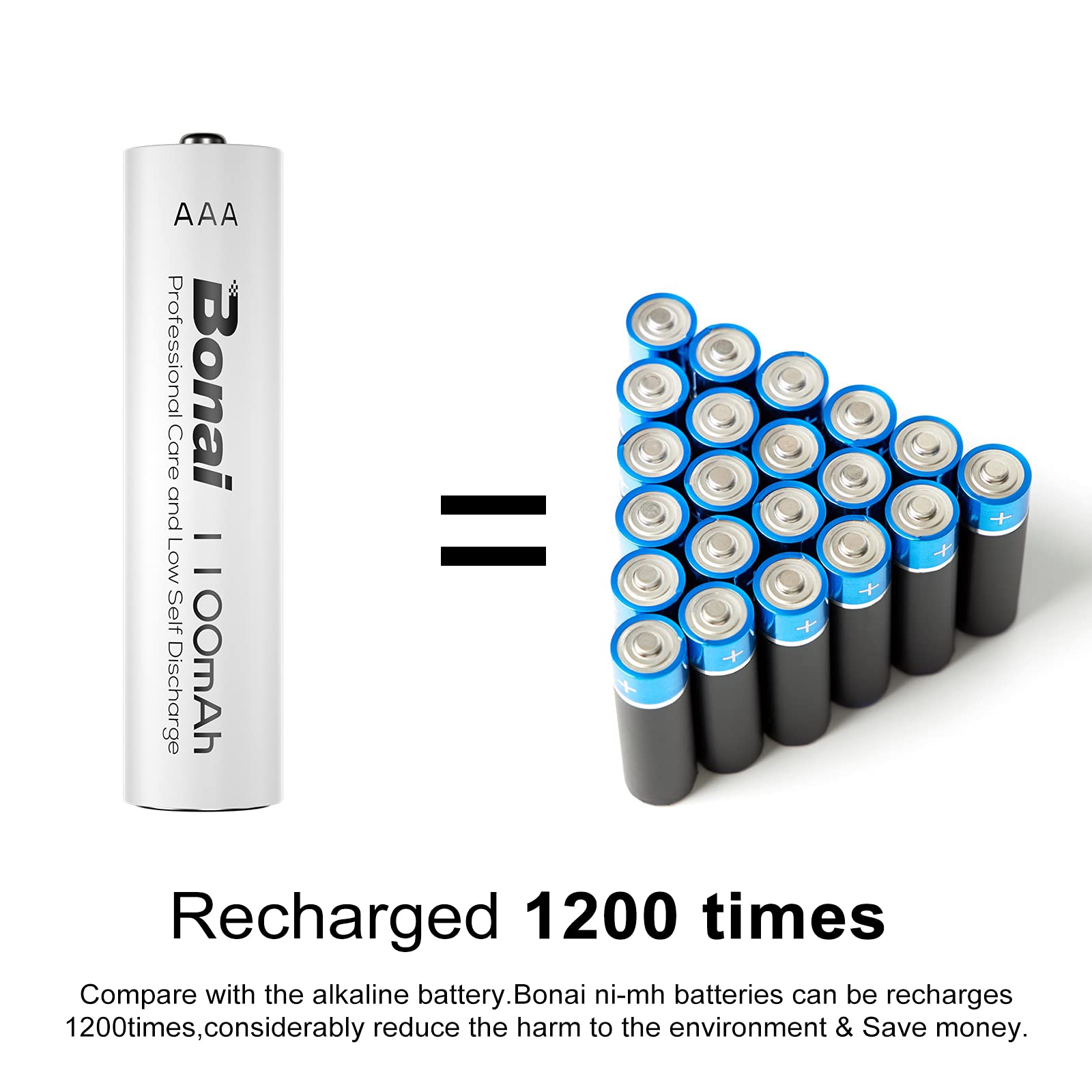 BONAI Akku AAA 1100mAh 16 Stück Wiederaufladbare Batterien hohe Kapazität 1,2V Micro AAA Accu NI-MH Aufladbare Akkubatterien HR03 Rechargeable Battery geringe Selbstentladung 3