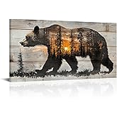 Canvbay Grizzly Bear Wall Art Forest Sunset Animal Prints On Canvas Rustic Woodland Wildlife Painting Brown Artwork for Home Cabin Decoration Rustic Farmhouse Decor 20x40Inches