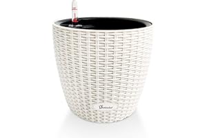 Dexceder 11x10 Inches Rattan Self Watering Planter Indoor Outdoor, Inner Pot Design, Thickened Table Flower Plant Pot with Water Level Indicator (Ivory White)